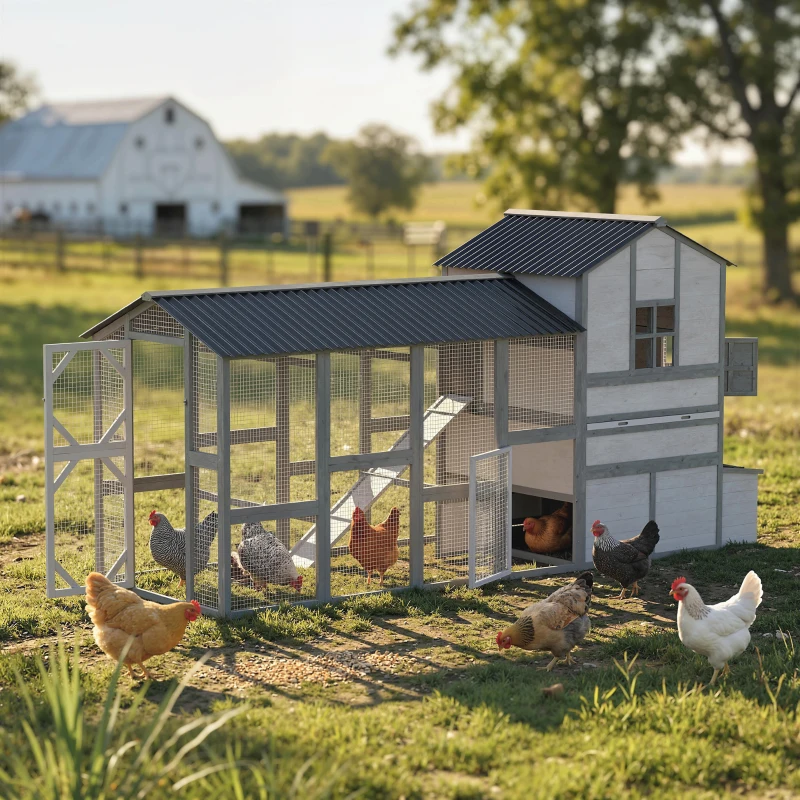 PawHut 147" Extra Large Chicken Coop, Wooden Hen House for 8-10 Hens, Outdoor Chicken House Poultry Hutch with Run, Gray