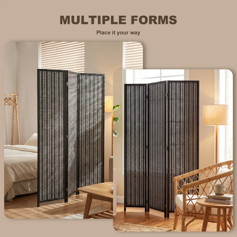HOMCOM Folding Privacy Screen, 3 Panel Room Divider, Freestanding Partition with Handwoven Bamboo and Pine Wood Frame, Black