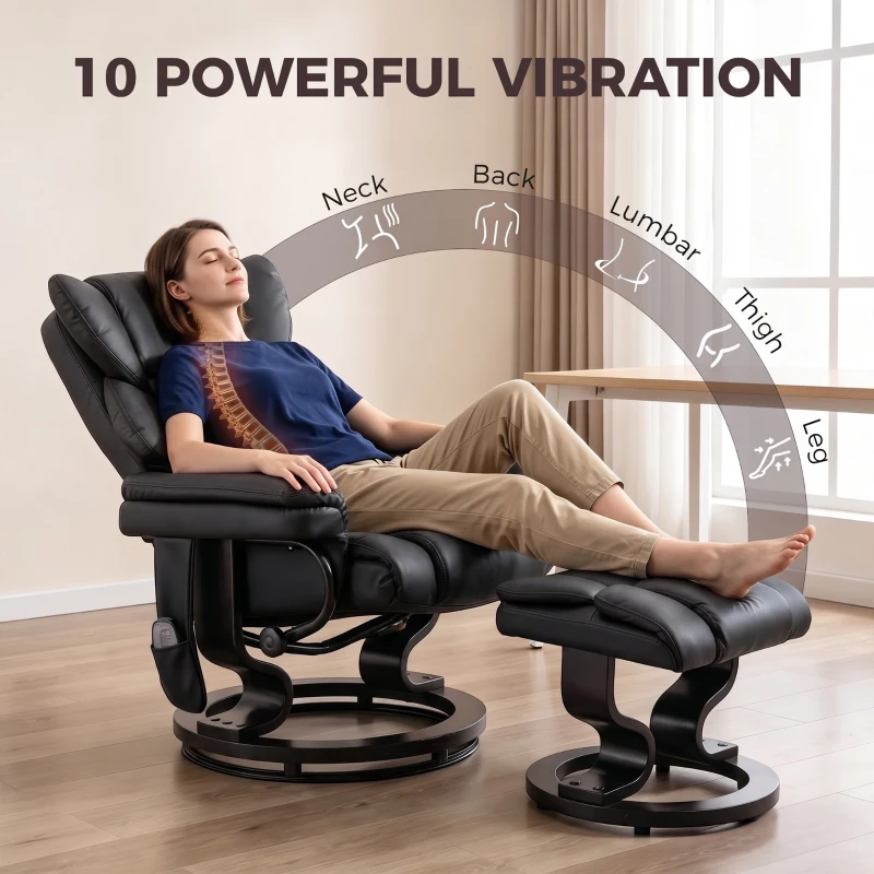 HOMCOM Massage Recliner Chair with Footrest, Swivel Armchair, Wrapped Wood Base, 10 Massage Points, Faux Leather, Black