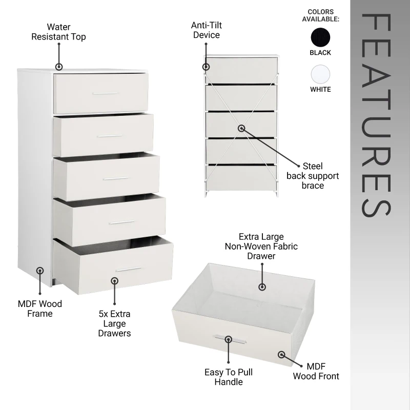 Spacious 5-Drawer Dresser with Water-Resistant Top, Ideal Storage Chest for Bedrooms, Playrooms, Entryways, 22.5" L x 15.5" W x 43" H, White