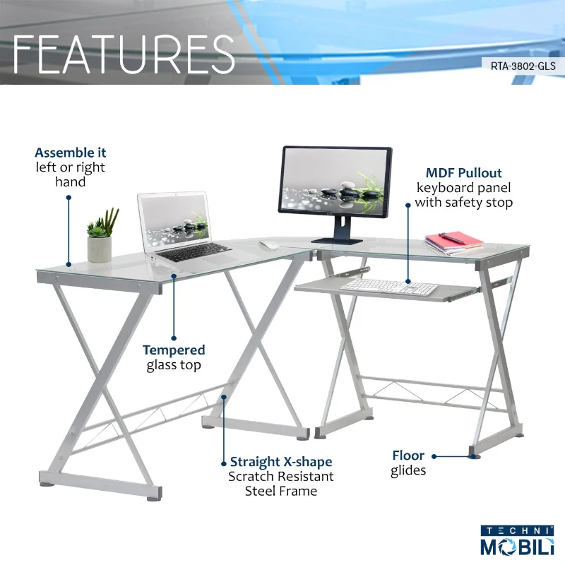 Sleek L-Shaped Computer Desk with Tempered Glass Top, Reversible Corner Workstation Table for Home Office, 61.5" L x 45" W x 29.5" H, Clear