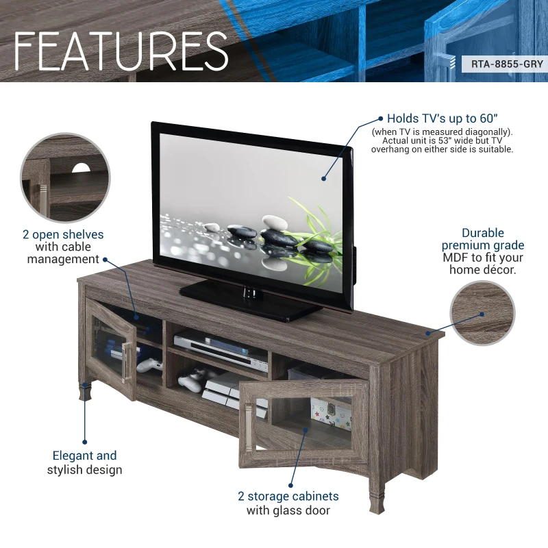 Trendy Grey TV Stand with Storage Cabinet and Cable Management, Modern Media Console Center for Living Room, 53" L x 15.5" W x 19" H, Grey