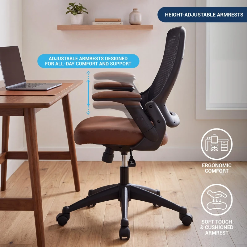 Breathable Task Chair with Adjustable Arms and Uphostered Seat Cushion, Ergonomic Office Chair for Workstations, 25" L x 25" W x 34" H, Brown