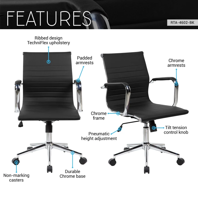 Cozy Office Chair with Flip-Up Arms and TechniFlex Upholstery, Flexible Racer Seat with Locking Tilt Control, 22.5″ L x 23.5″ W x 36″ H, Black