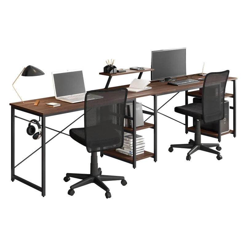 Industrial L-Shaped Desk with Raised Monitor Stand and Open Shelves, Modern Corner Computer Workstation for Home Office, 59" L x 59" W x 35" H, Walnut