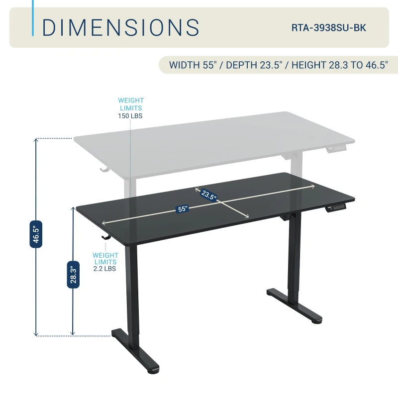 Sleek Electric Standing Desk with 3 Memory Presets and Hooks, Height Adjustable Sit to Stand Computer Desk for Home Office, 55'' L x 23.5″ W x 28'' H, Black