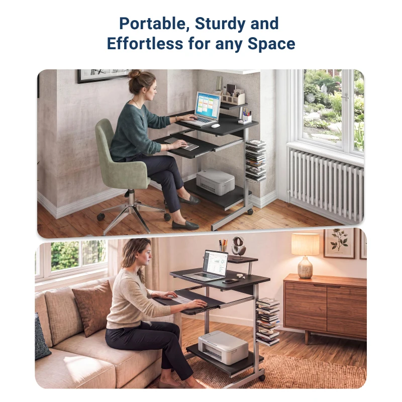 Compact Computer Cart with Adjustable Shelf and Slide-Out Keyboard, Space-Saving Desk for Dorms, 28.5" L x 20.5" W x 35.5" H, Black