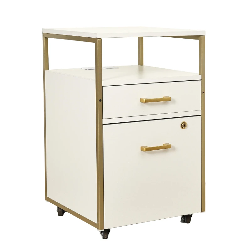 Modern File Cabinet with 2 USB and Power Outlet Port, Perfect Storage Unit for Home Offices or Workspaces, 15.5" L x 15.5" W x 26" H, White+Gold