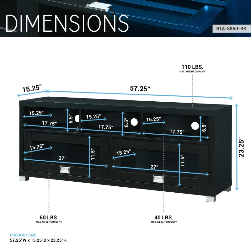 Sleek Durbin TV Stand with Glass Panel Cabinets and Cable Management, Modern Media Sideboard Cabinet for Living Room, 57" L x 15" W x 23" H, Black