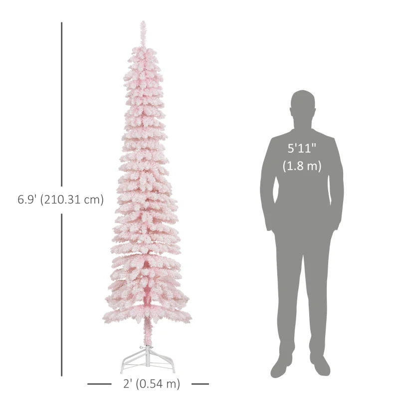 HOMCOM 7ft Snow-Flocked Artificial Christmas Tree, Slim Pencil Xmas Tree with 490 Realistic Branches, Metal Base, Pink