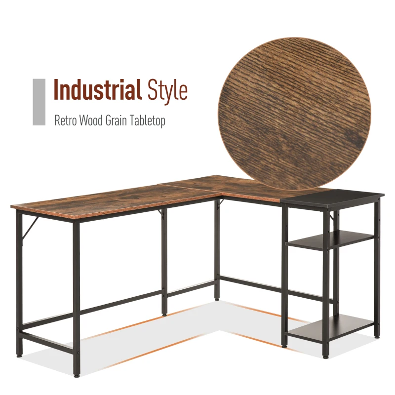 HOMCOM L-Shaped Computer Desk, Industrial Corner Desk with Adjustable Storage Shelf, CPU Tower Stand, Wood Grain Surface
