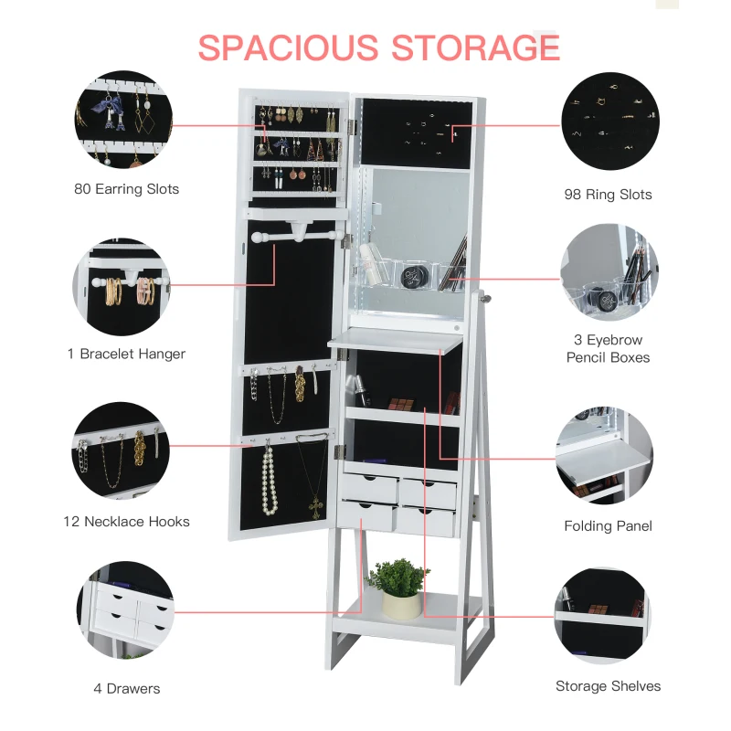 HOMCOM Jewellery Cabinet with Full-Length Mirror, Standing Jewelry Armoire with LED Light, White