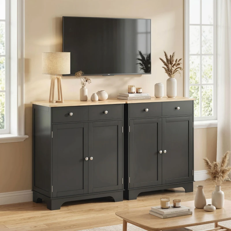 HOMCOM Kitchen Storage Cabinet, Sideboard Floor Cupboard with Solid Wood Top, Adjustable Shelf, and 2 Drawers, Black