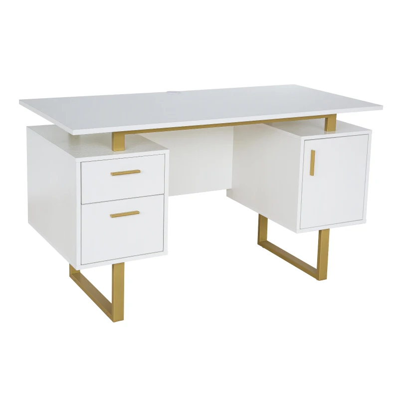 Modern White Desk with 2 Storage Drawers and Cabinet, Sleek Floating Desktop Computer Writing Table for Home Office, 51" L x 23.5" W x 30" H, White