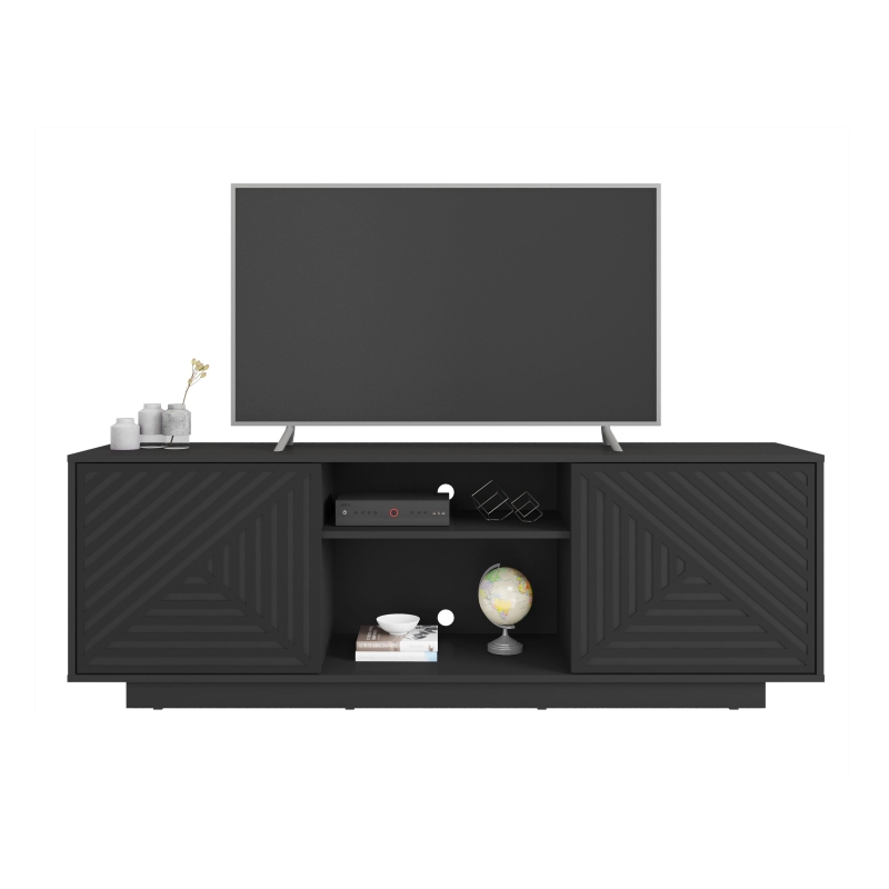 Sleek Modern TV Stand with Patterned Storage Doors, Contemporary Media Entertainment Console for Living Room, 63" L x 14" W x 21.5" H, Black