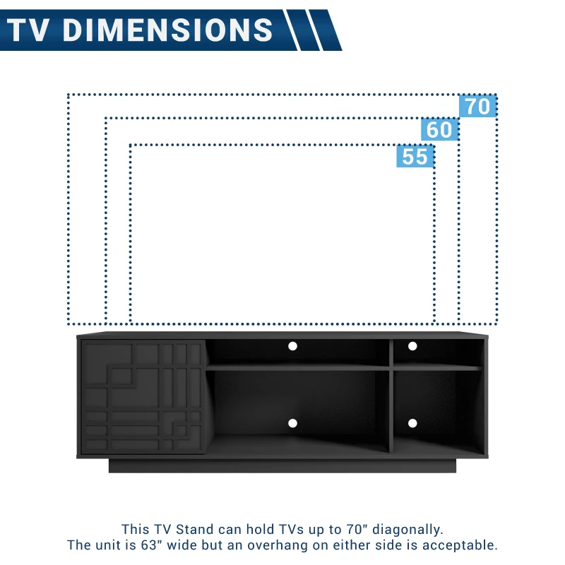 Contemporary Floating TV Stand with Patterned Cabinet Door, Modern Media Entertainment Console for Living Room, 63" L x 14" W x 21" H, Black