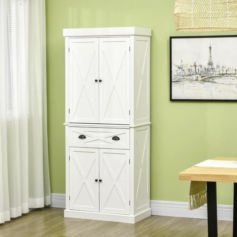 HOMCOM 72" Kitchen Pantry Storage Cabinet, Traditional Freestanding Pantry Cabinet with 4 Doors and 2 Adjustable Shelves, Large Central Drawer, X-Frame, White