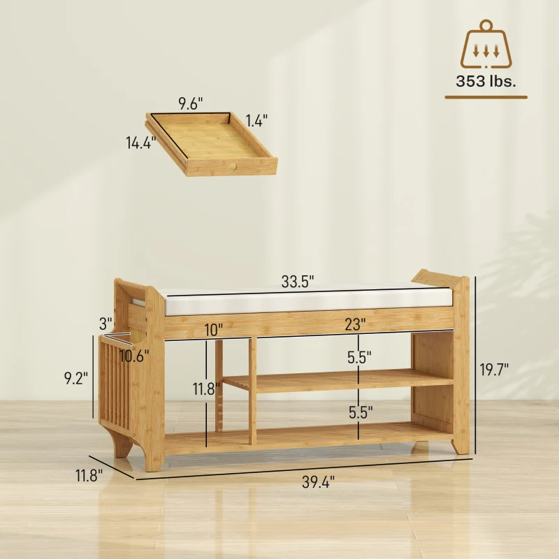 HOMCOM Shoe Bench with Cushioned Seat Shoe Storage Bench with Side Umbrella Holder for Entryway Natural and Cream