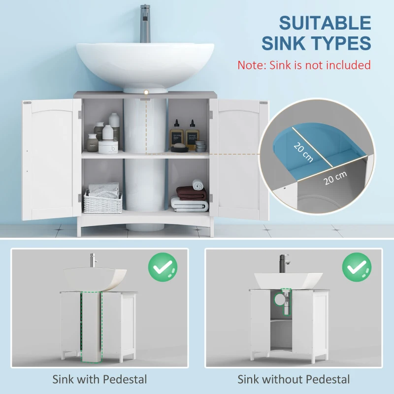 kleankin Pedestal Sink Storage Cabinet, Under Sink Cabinet with Double Doors, Modern Bathroom Vanity Cabinet with Adjustable Shelves, White