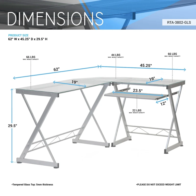 Sleek L-Shaped Computer Desk with Tempered Glass Top, Reversible Corner Workstation Table for Home Office, 61.5" L x 45" W x 29.5" H, Clear
