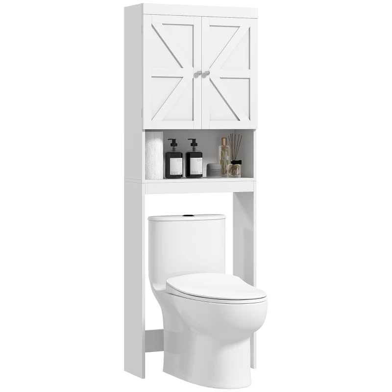 HOMCOM Over The Toilet Storage Shelf, Modern Bathroom Above Toilet Storage with Barn Doors and Open Shelf, White