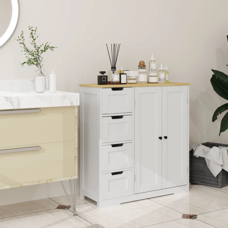 HOMCOM Freestanding Bathroom Floor Cabinet, Modern Bathroom Cabinet with Adjustable Shelf, 4 Drawers and 2 Doors, White