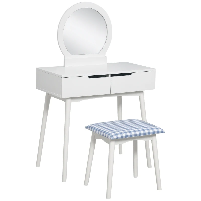 HOMCOM Makeup Vanity Desk with Round Mirror and 2 Drawers, Dressing Table with Cushioned Stool Set for Bedroom (White)