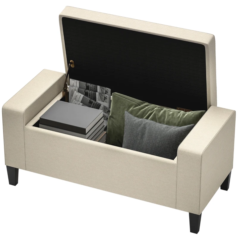 HOMCOM 36" Ottoman with Storage, Storage Ottoman Bench with Lift Top and Rubberwood Legs, Linen Upholstered Entryway Seat with for Living Room, Bedroom, Holds up to 330 lb, Beige