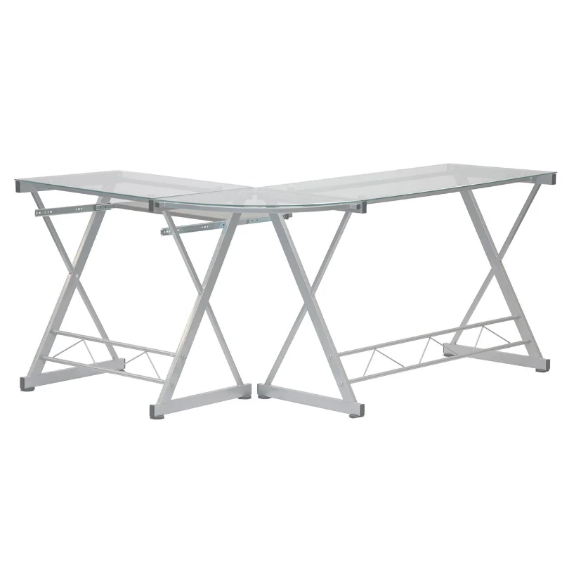 Sleek L-Shaped Computer Desk with Tempered Glass Top, Reversible Corner Workstation Table for Home Office, 61.5" L x 45" W x 29.5" H, Clear