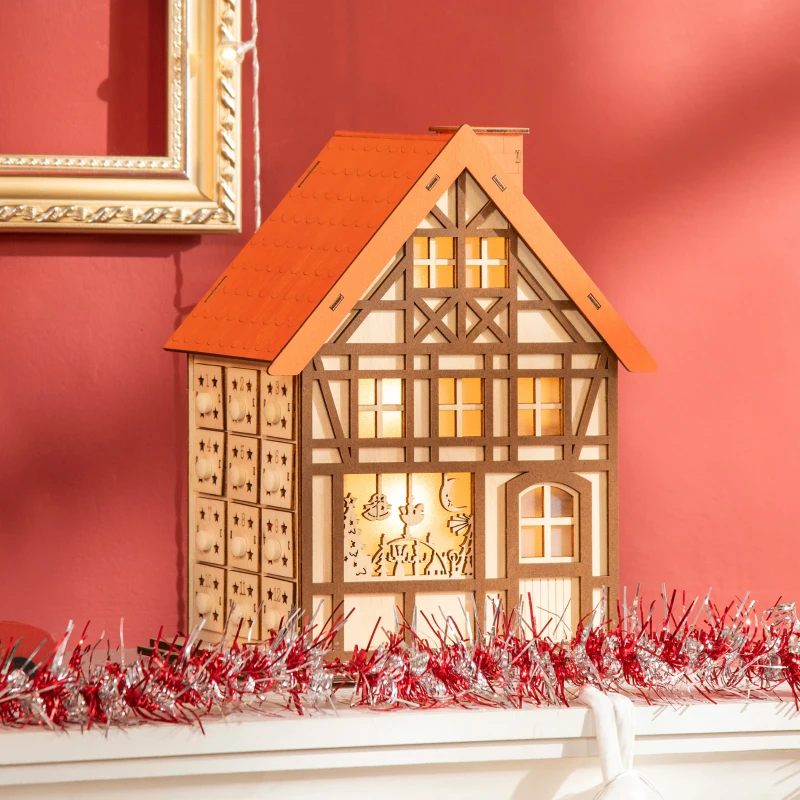 HOMCOM Wooden Christmas Advent Calendar House, Light Up Table Holiday Decoration with 24 Countdown Drawers and LED Lights, for Kids and Adults, Natural and Orange