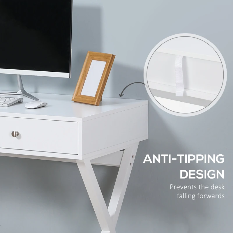 HOMCOM Modern Writing Desk, White Computer Desk, Vanity Makeup Table with Two Drawers, X-shaped Leg for Home Office, Bedroom