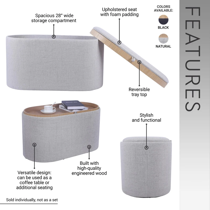 Multi-Functional Storage Ottoman with Reversible Tray Top, Versatile Seat for Living Rooms, 30" L x 15.5" W x 16.5" H, Natural
