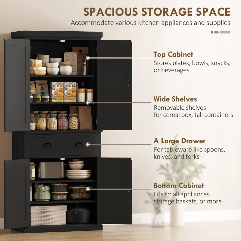 HOMCOM 72" Tall Kitchen Pantry Cabinet, Modern Buffet Storage Cabinet with 4 Beadboard Doors, Drawer and Adjustable Shelves, Black