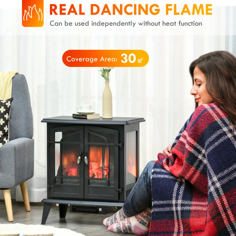 HOMCOM Electric Fireplace Heater, Freestanding Fireplace Stove with Realistic LED Log Flames and Overheating Safety Protection, 1400W, Black