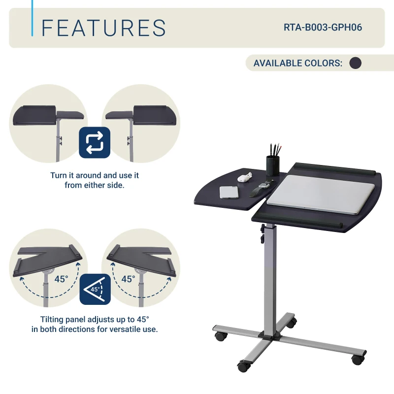 Ergonomic Rolling Laptop Cart with Two Safety Edge-Stoppers, Functional Laptop Stand with Stationary Writing Panel, 30″ L x 22.5″ W x 29.5″ H, Black