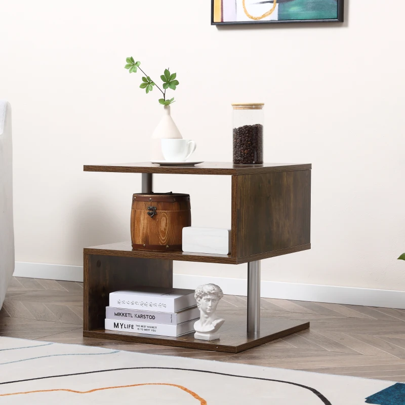 HOMCOM 20" Modern End Table, Accent Side Table, S-Shaped Coffee Table with Storage Shelf and Steel Poles, Rustic Brown