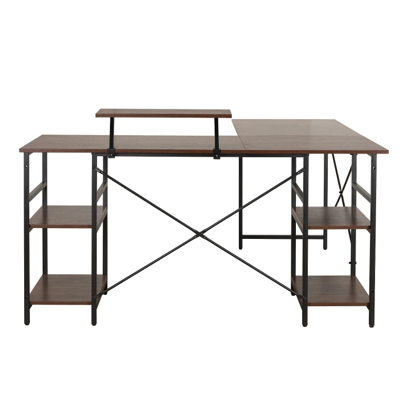 Industrial L-Shaped Desk with Raised Monitor Stand and Open Shelves, Modern Corner Computer Workstation for Home Office, 59" L x 59" W x 35" H, Walnut