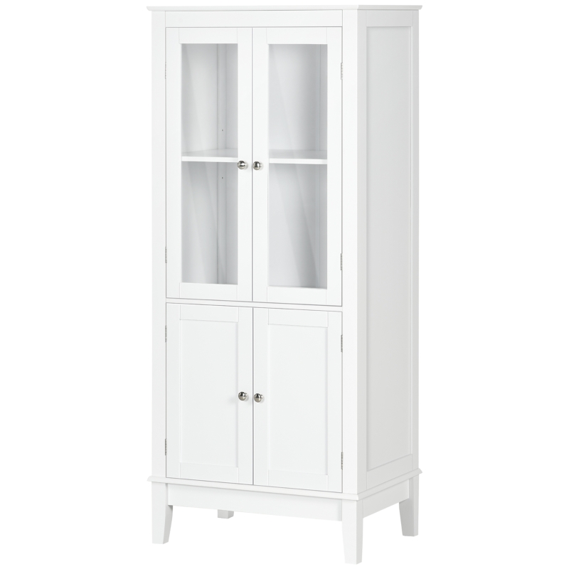 kleankin Bathroom Floor Cabinet with 2 Storage Cabinets, Tempered Glass Door, Freestanding Linen Tower with Adjustable Shelves for Living Room, White