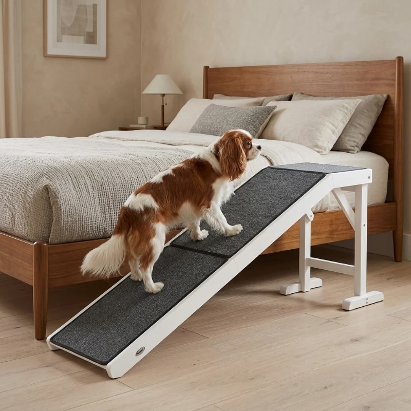 PawHut Dog Ramp Foldable with Non-slip Carpet Top Platform, Gray, White