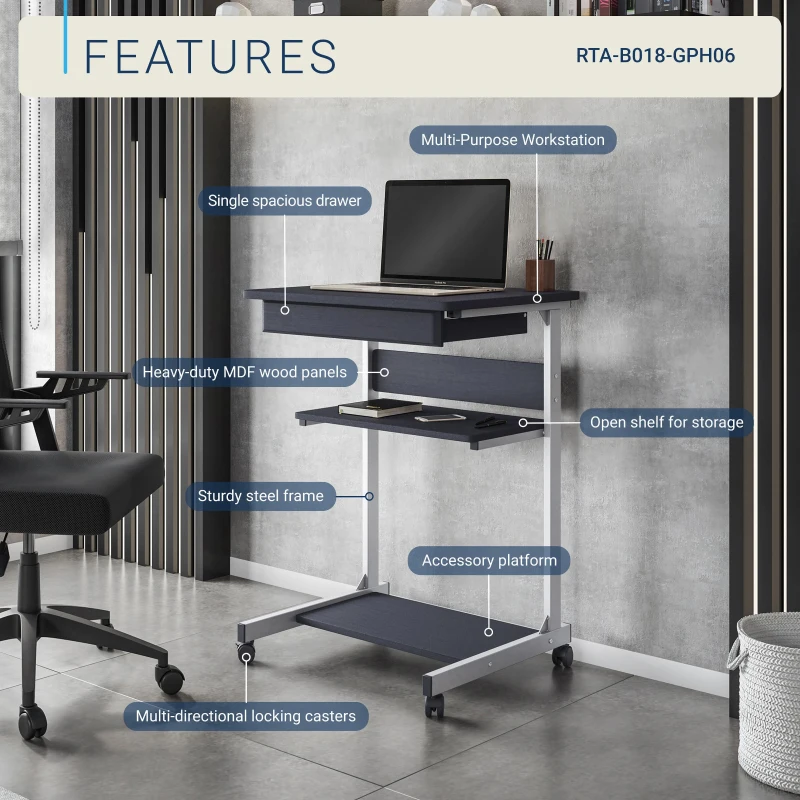 Heavy-Duty Laptop Cart with Single Drawer and Open Shelf, Compact Rolling Laptop Desk for Dorms or Homes, 21.5" L x 20.5" W x 30" H, Black