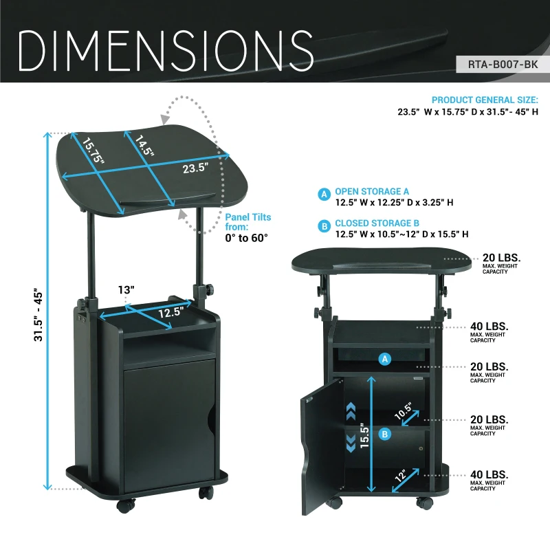 Practical Laptop Cart with Adjustable Tilting Panel, Mobile Workstation for Home Offices, Classrooms, or Bedside, 23.5″ L x 15.5″ W x 31.5″ H, Black