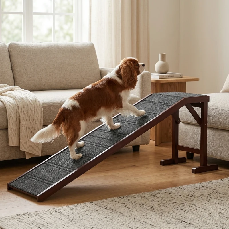 PawHut Dog Ramp for Bed, Pet Ramp for Dogs with Non-Slip Carpet and Top Platform, 74" x 16" x 25", Brown