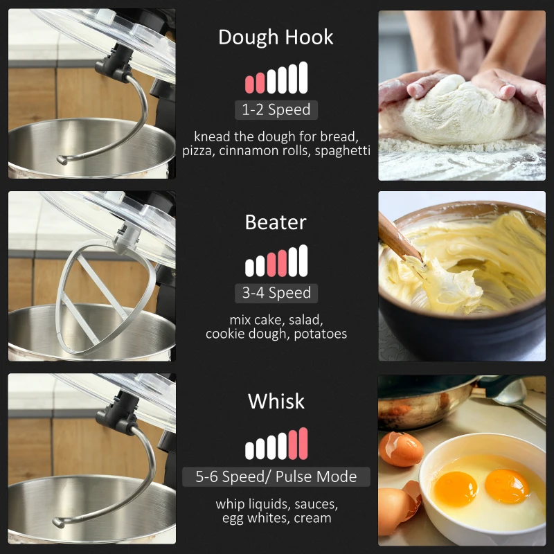 HOMCOM 6 Qt Stand Mixer with 6+1P Speed, 600W and Tilt Head, Kitchen Electric Mixer with Stainless Steel Beater, Dough Hook and Whisk for Baking Bread, Cakes and Cookies, Black