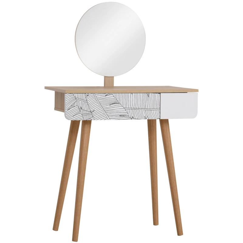 HOMCOM Vanity Desk with Mirror, Makeup Vanity with Drawer and Height Adjustable Mirror, Dressing Table with Wood Legs for Bedroom, Oak