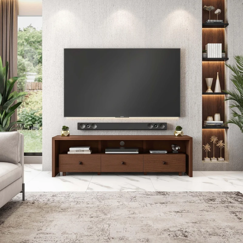 Elegant Hickory TV Stand with 3 Drawers and Cable Management, Modern Media Entertainment Console for Living Room, 70.5" L x 15" W x 20" H, Brown