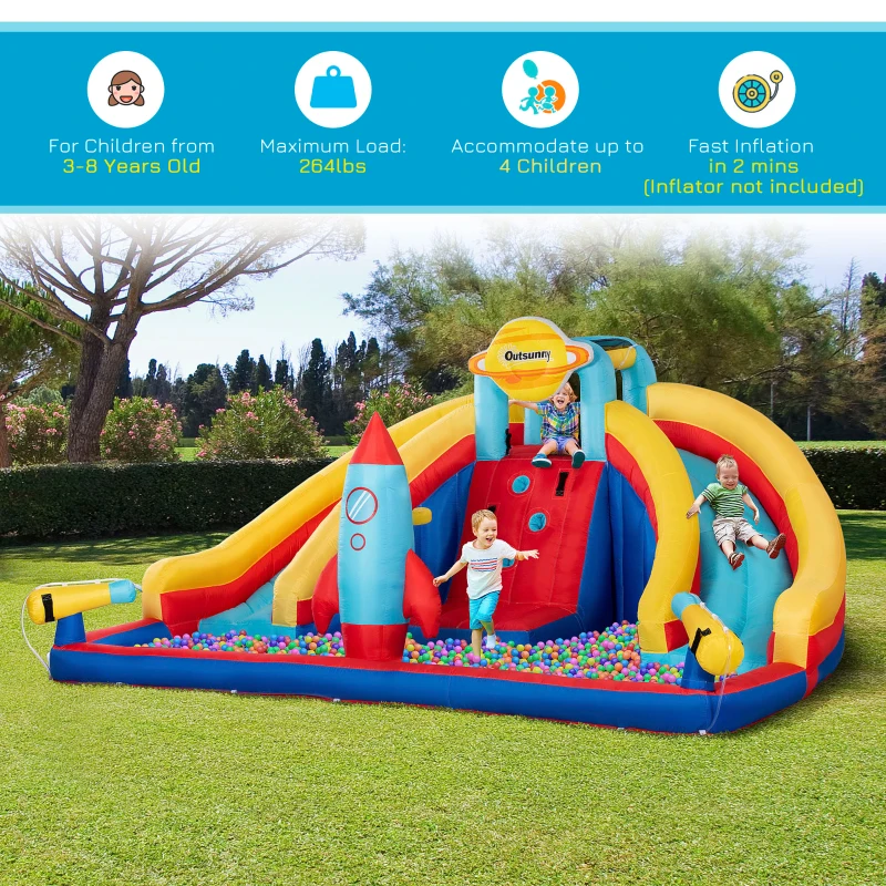 Outsunny 5-in-1 Inflatable Water Slide, Rocket Themed Kids Bounce House with Slide, Pool, Water Cannon, Hoop, Climbing Wall Includes Carry Bag, Repair Patches, without Air Blower
