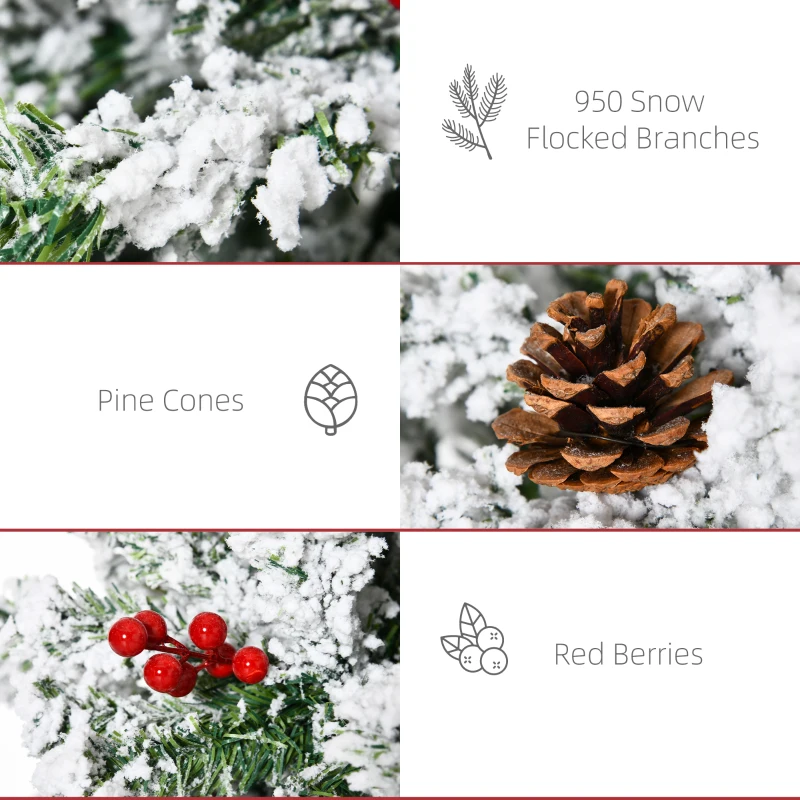 HOMCOM 7.5' Pencil Snow Flocked Artificial Christmas Tree with 600 Pine Realistic Branches, Pine Cones, Red Berries, Green