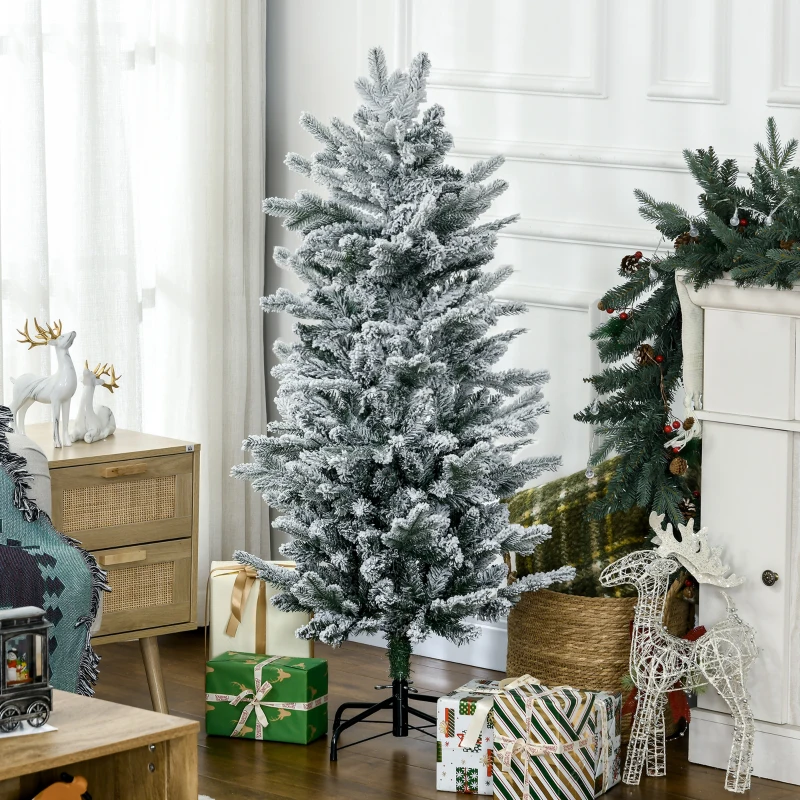 HOMCOM 4.5' Artificial Flocked Christmas Trees, with Snow Frosted Branches, Auto Open, Steel Base