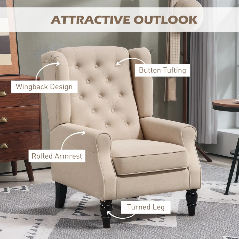 HOMCOM Wingback Accent Chair for Living Room, Button-Tufted Lounge Chair with Round Armrests and Wood Legs, Beige