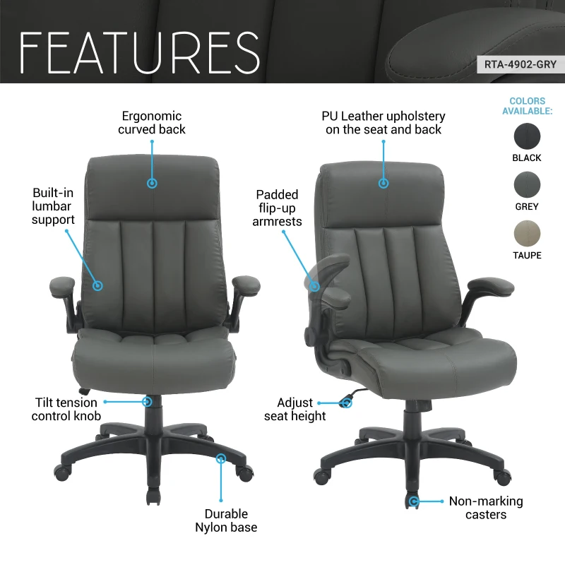 Leather Executive Chair with Ergonomic Curved Back, Versatile Desk Chair for Study Rooms, Conference Rooms, 28.5" L x 28" W x 44.5" H, Gray